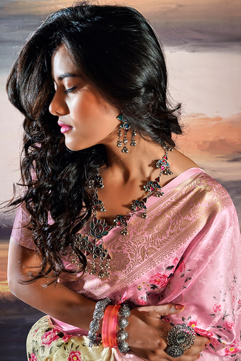 Comely Baby Pink Digital Printed Satin Silk Saree With Inimitable Blouse Piece