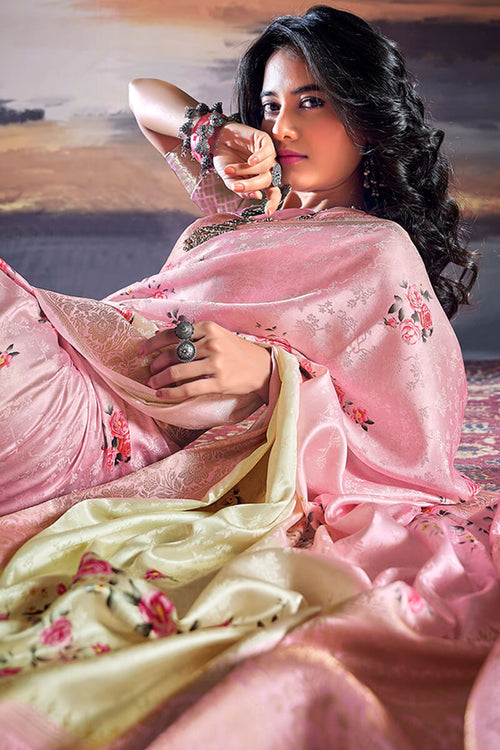 Load image into Gallery viewer, Comely Baby Pink Digital Printed Satin Silk Saree With Inimitable Blouse Piece
