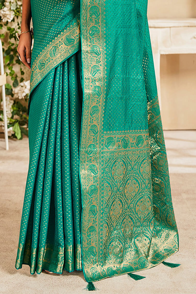 Vivacious Sea Green Soft Banarasi Silk Saree With Piquant Blouse Piece