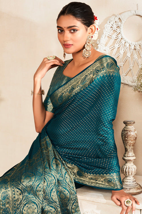 Load image into Gallery viewer, Gossamer Rama Soft Banarasi Silk Saree With Ailurophile Blouse Piece
