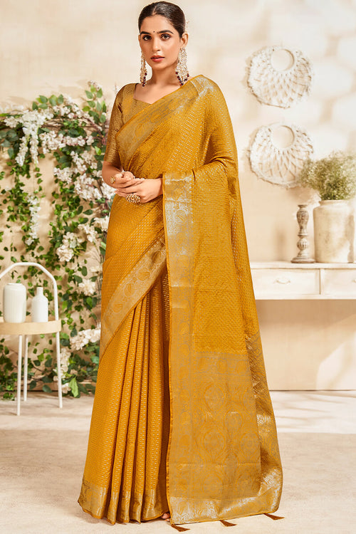 Load image into Gallery viewer, Imbrication Mustard Soft Banarasi Silk Saree With Palimpsest Blouse Piece
