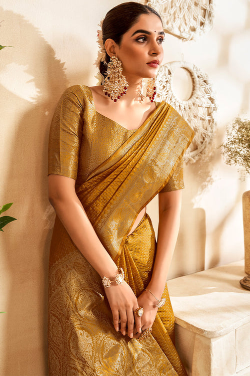 Load image into Gallery viewer, Imbrication Mustard Soft Banarasi Silk Saree With Palimpsest Blouse Piece
