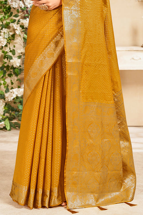 Load image into Gallery viewer, Imbrication Mustard Soft Banarasi Silk Saree With Palimpsest Blouse Piece
