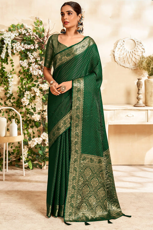 Load image into Gallery viewer, Susurrous Dark Green Soft Banarasi Silk Saree With Magnetic Blouse Piece
