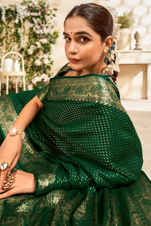 Load image into Gallery viewer, Susurrous Dark Green Soft Banarasi Silk Saree With Magnetic Blouse Piece
