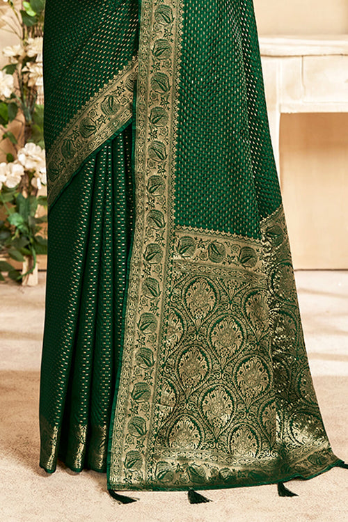 Load image into Gallery viewer, Susurrous Dark Green Soft Banarasi Silk Saree With Magnetic Blouse Piece
