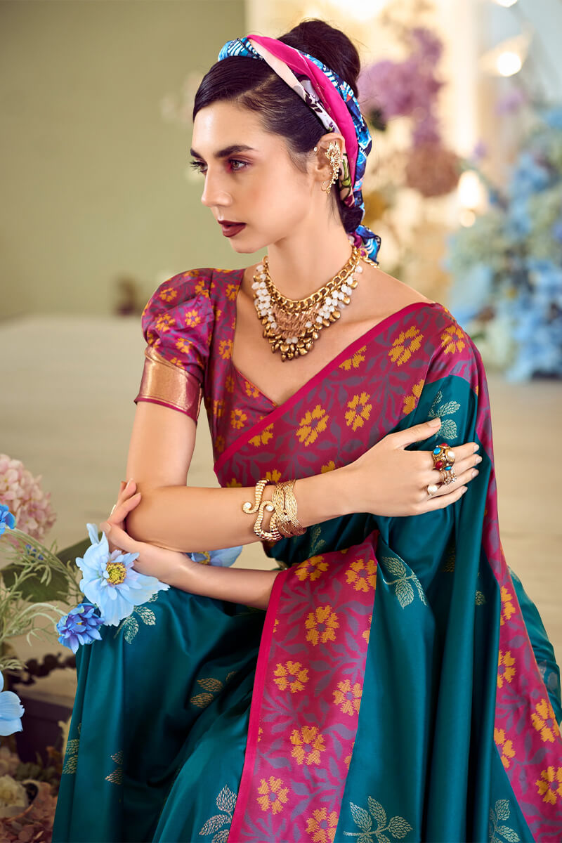 Surpassing Teal Blue Soft Banarasi Silk Saree With Adorning Blouse Piece