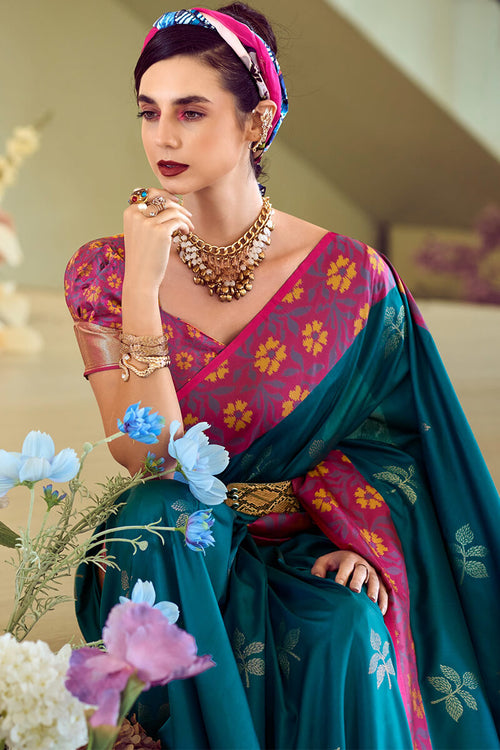 Load image into Gallery viewer, Surpassing Teal Blue Soft Banarasi Silk Saree With Adorning Blouse Piece
