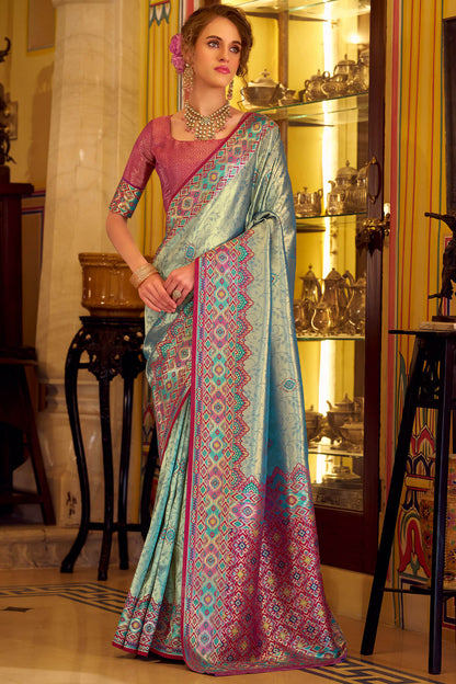 Ethnic Rama Tissue Patola Silk Saree with Enticing Blouse Piece