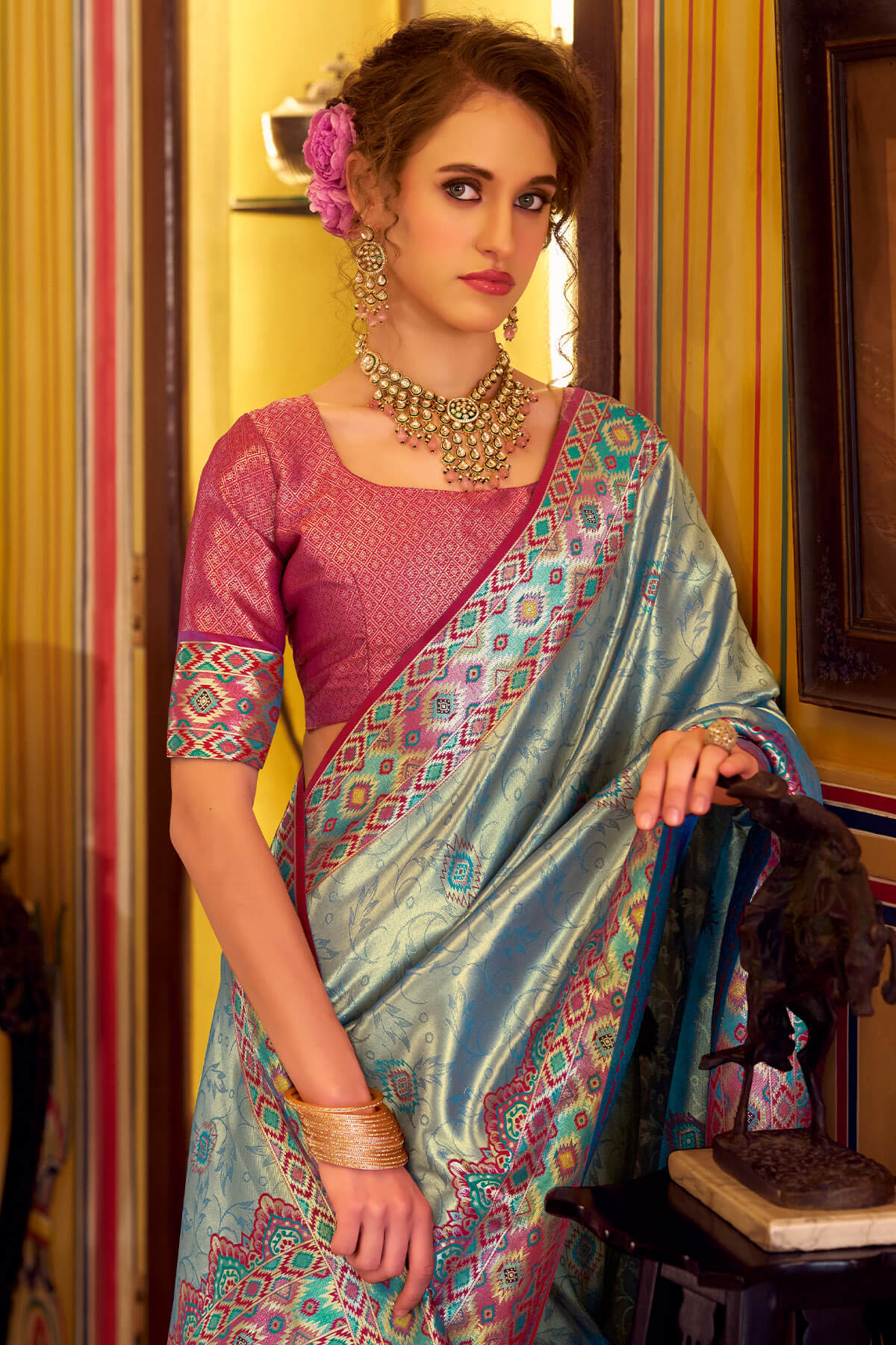 Ethnic Rama Tissue Patola Silk Saree with Enticing Blouse Piece