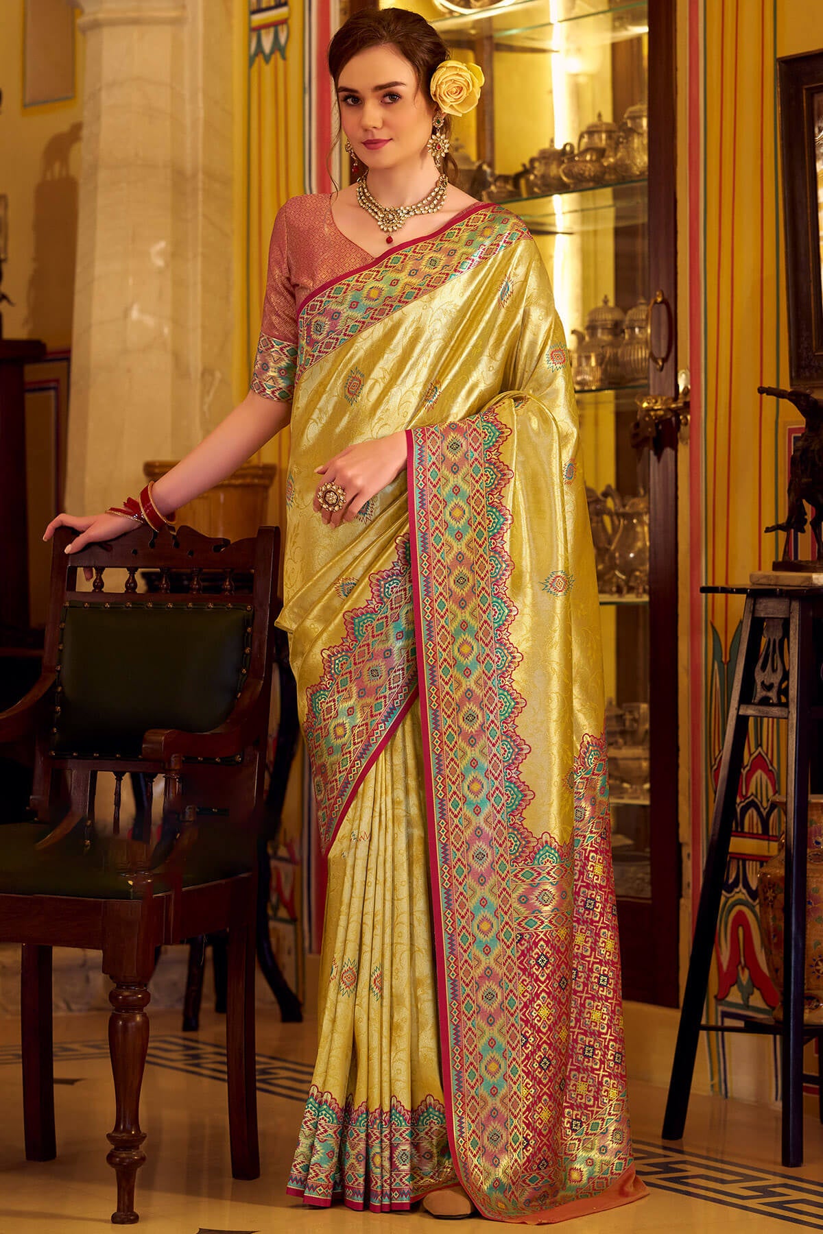 Fragrant Yellow Tissue Patola Silk Saree with Trendy Blouse Piece