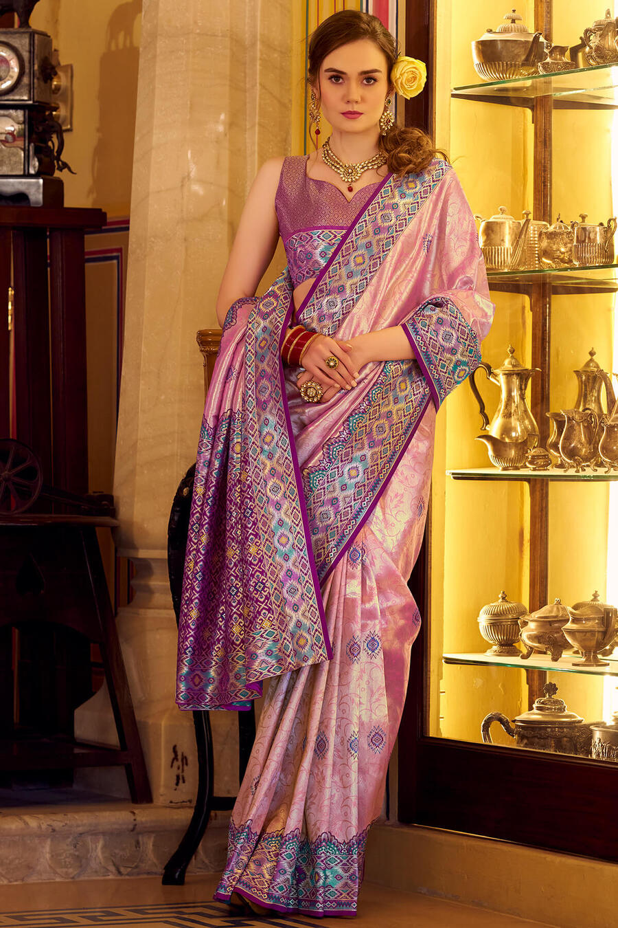 Glowing Pink Tissue Patola Silk Saree with Ephemeral Blouse Piece