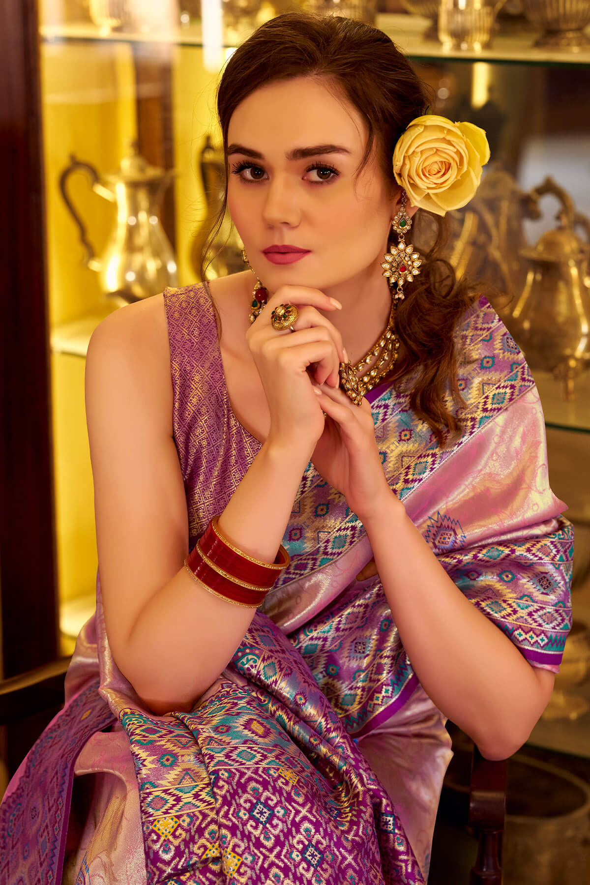 Glowing Pink Tissue Patola Silk Saree with Ephemeral Blouse Piece