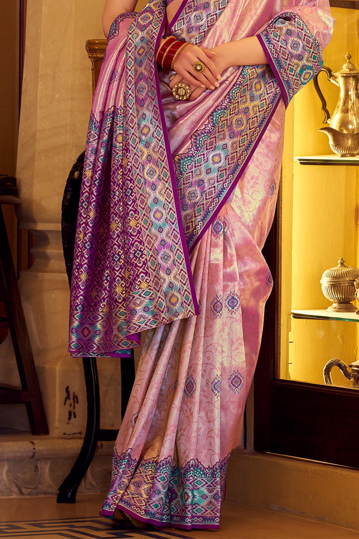 Glowing Pink Tissue Patola Silk Saree with Ephemeral Blouse Piece