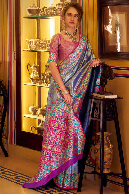 Breathtaking Blue Tissue Patola Silk Saree with Gorgeous Blouse Piece