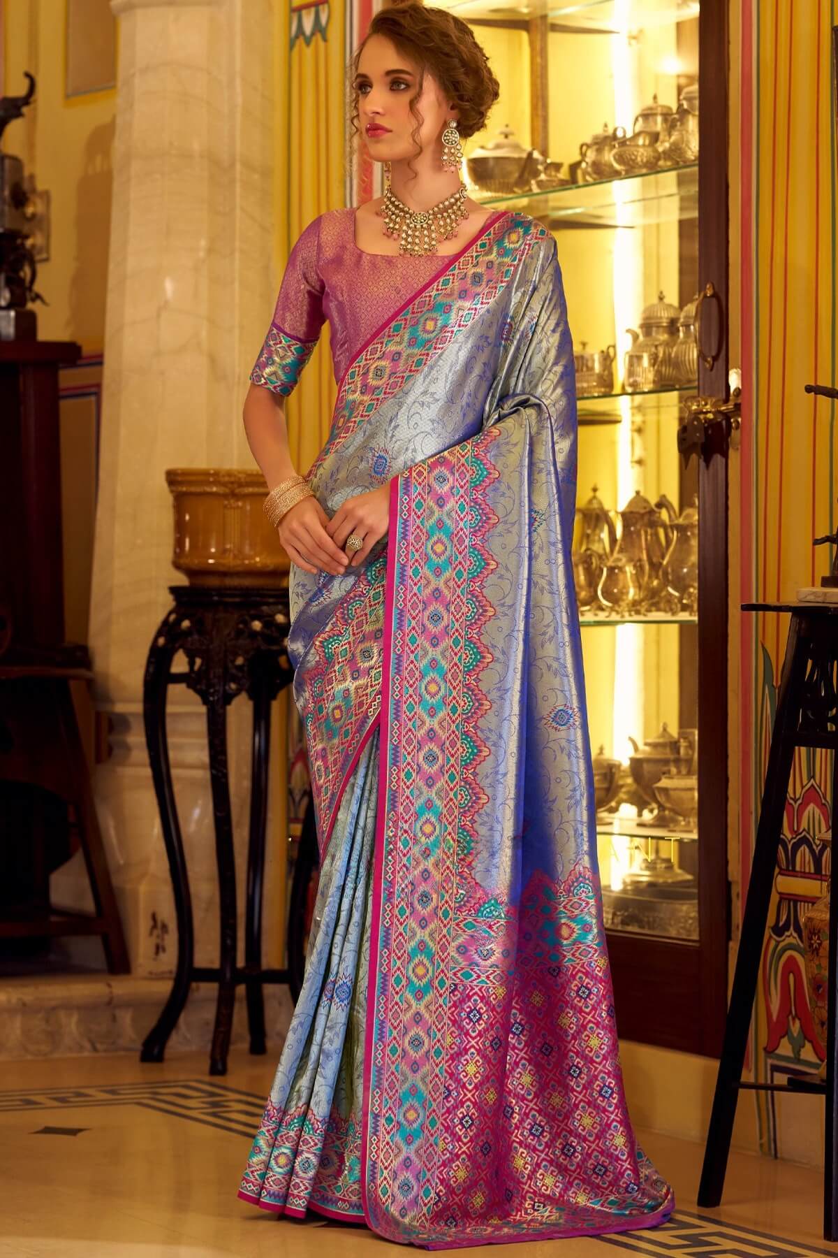 Breathtaking Blue Tissue Patola Silk Saree with Gorgeous Blouse Piece
