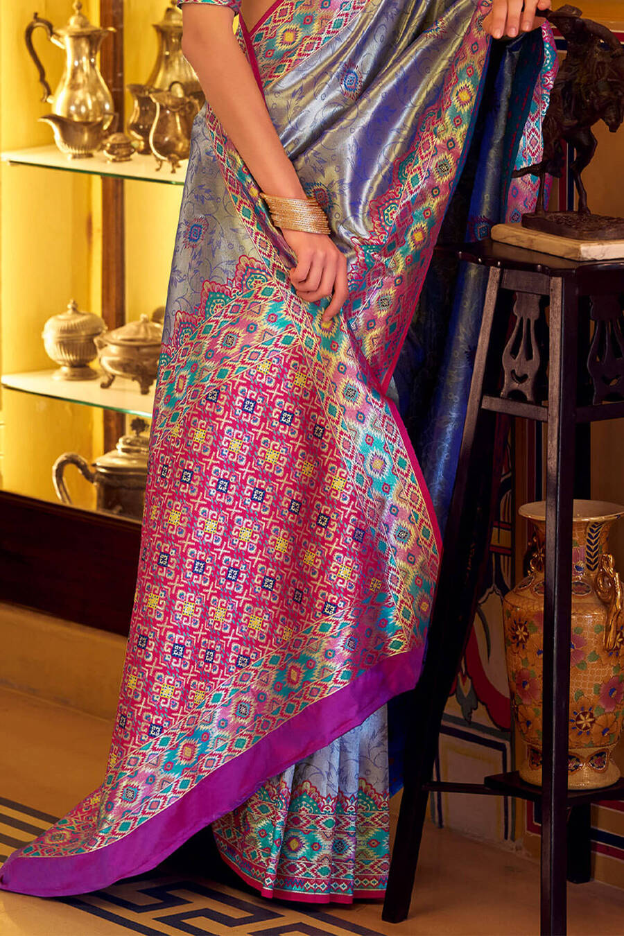 Breathtaking Blue Tissue Patola Silk Saree with Gorgeous Blouse Piece