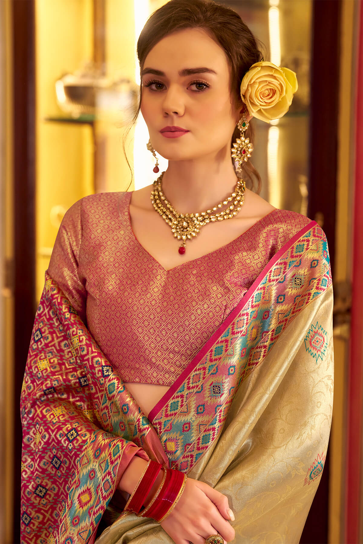 Conflate Beige Tissue Patola Silk Saree with Supernal Blouse Piece