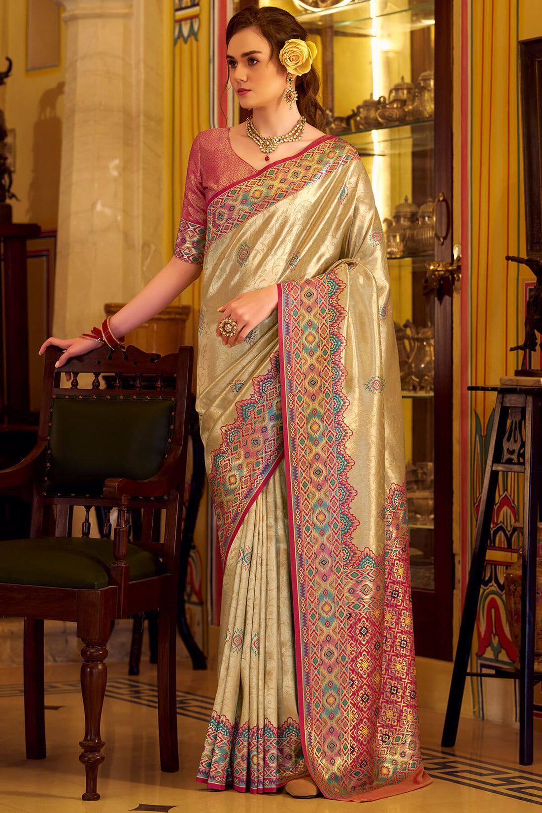 Conflate Beige Tissue Patola Silk Saree with Supernal Blouse Piece