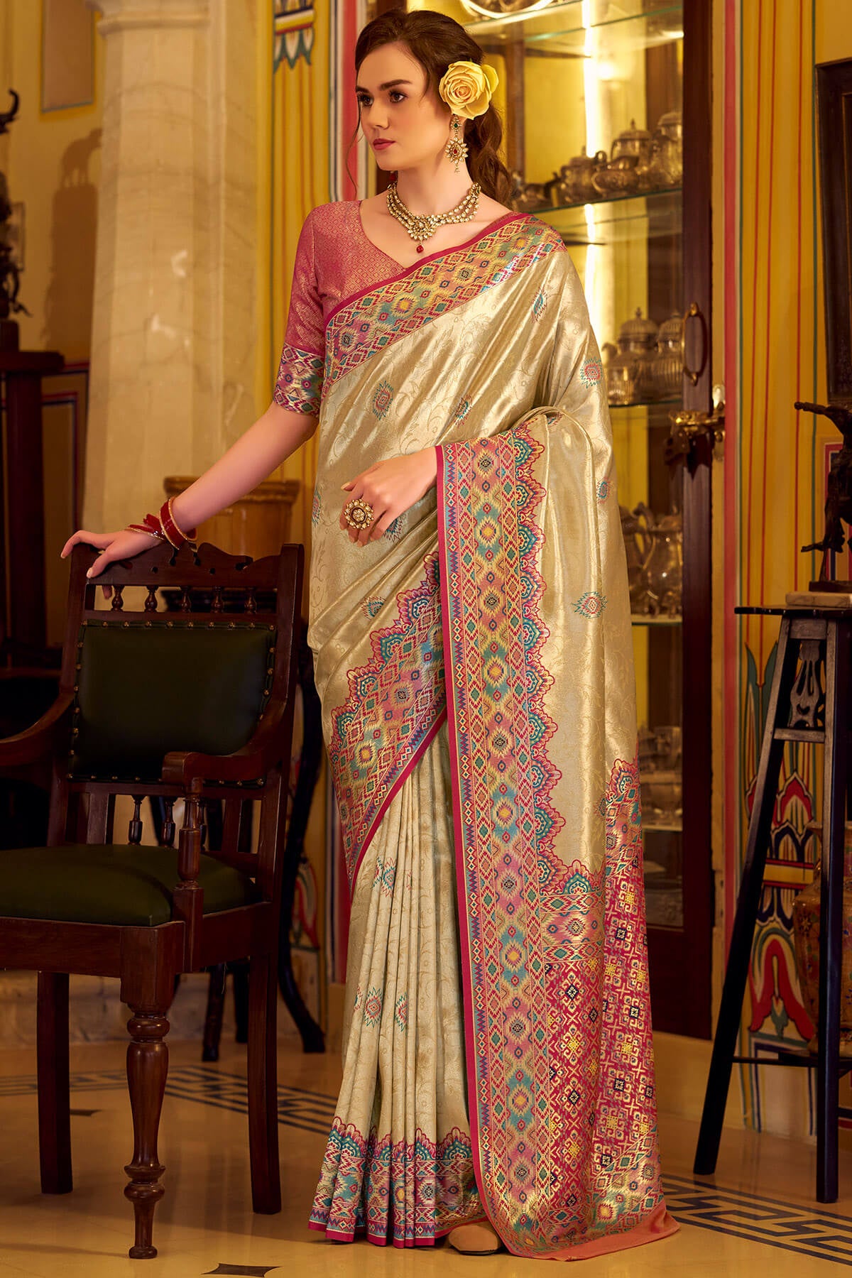 Conflate Beige Tissue Patola Silk Saree with Supernal Blouse Piece