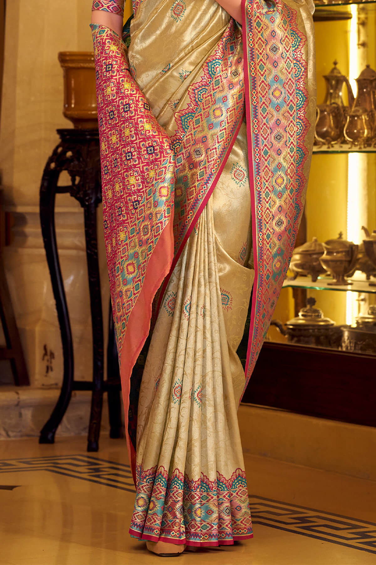 Conflate Beige Tissue Patola Silk Saree with Supernal Blouse Piece