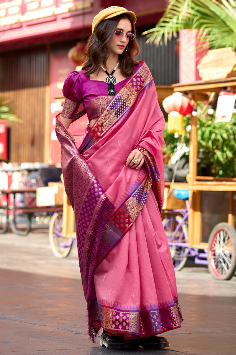 Blissful Pink Soft Banarasi Silk Saree With Dalliance Blouse Piece