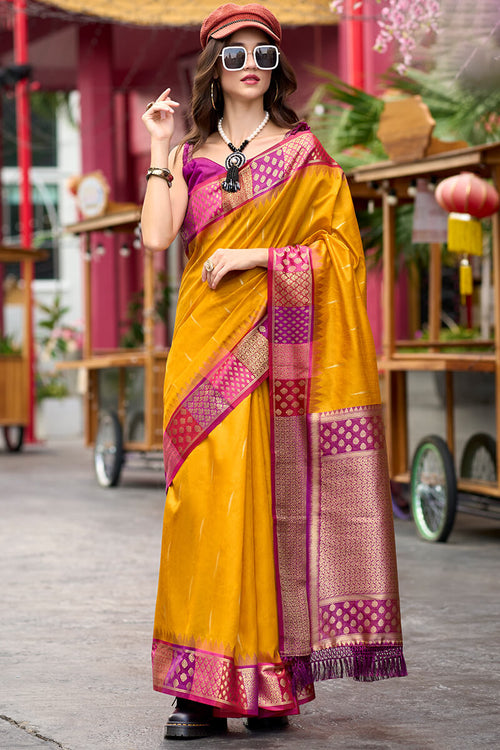 Load image into Gallery viewer, Lovely Yellow Soft Banarasi Silk Saree With Flaunt Blouse Piece
