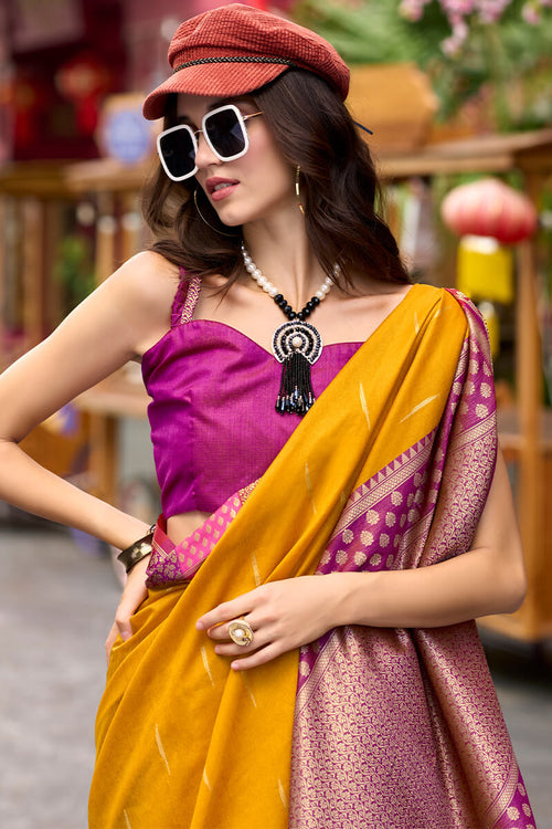 Load image into Gallery viewer, Lovely Yellow Soft Banarasi Silk Saree With Flaunt Blouse Piece
