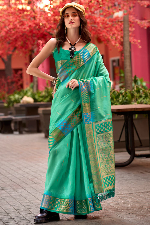 Load image into Gallery viewer, Capricious Sea Green Soft Banarasi Silk Saree With Charming Blouse Piece
