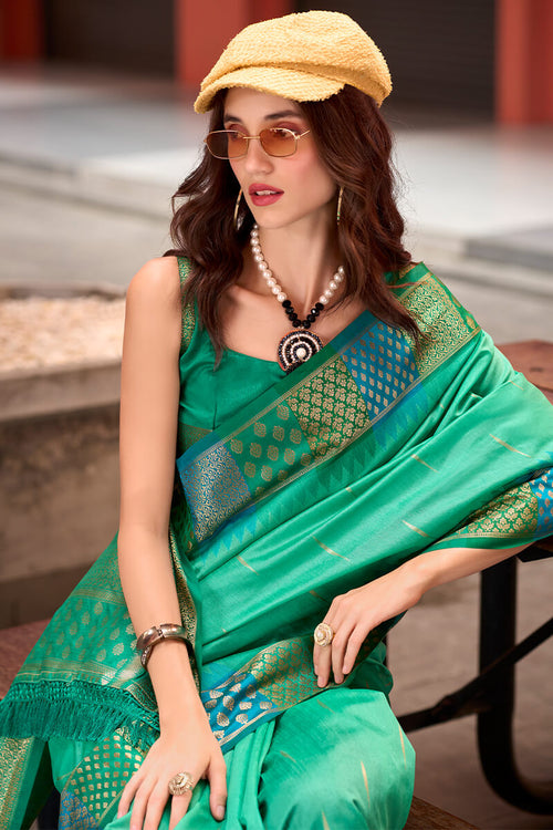 Load image into Gallery viewer, Capricious Sea Green Soft Banarasi Silk Saree With Charming Blouse Piece
