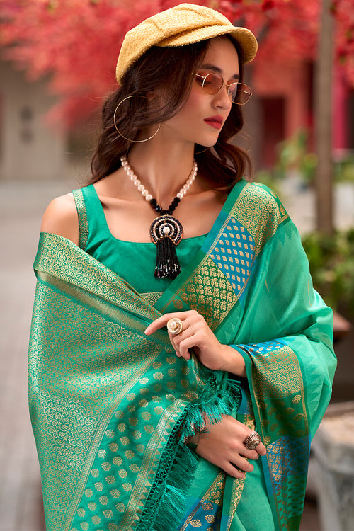 Load image into Gallery viewer, Capricious Sea Green Soft Banarasi Silk Saree With Charming Blouse Piece
