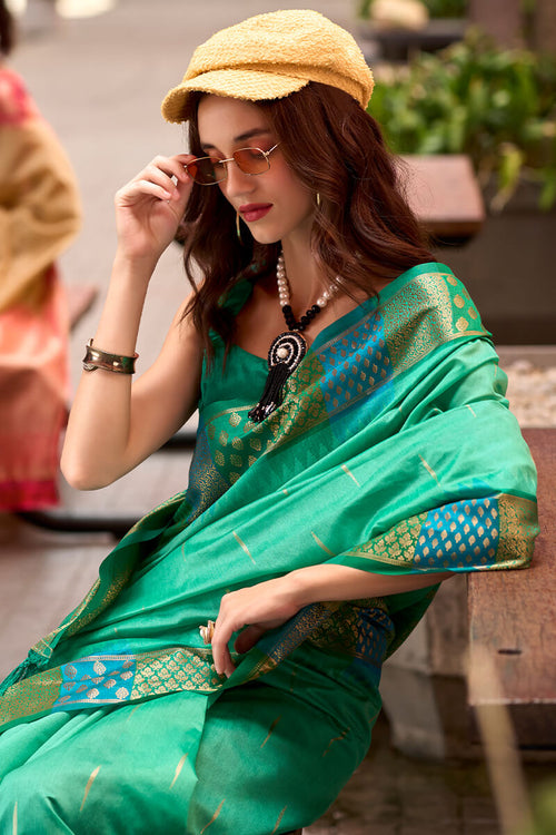 Load image into Gallery viewer, Capricious Sea Green Soft Banarasi Silk Saree With Charming Blouse Piece
