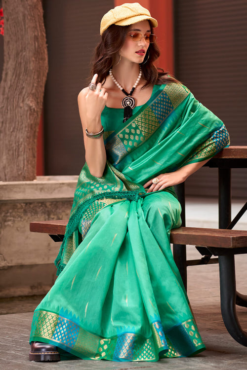 Load image into Gallery viewer, Capricious Sea Green Soft Banarasi Silk Saree With Charming Blouse Piece
