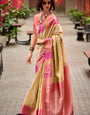 Smart Beige Soft Banarasi Silk Saree With Ethnic Blouse Piece