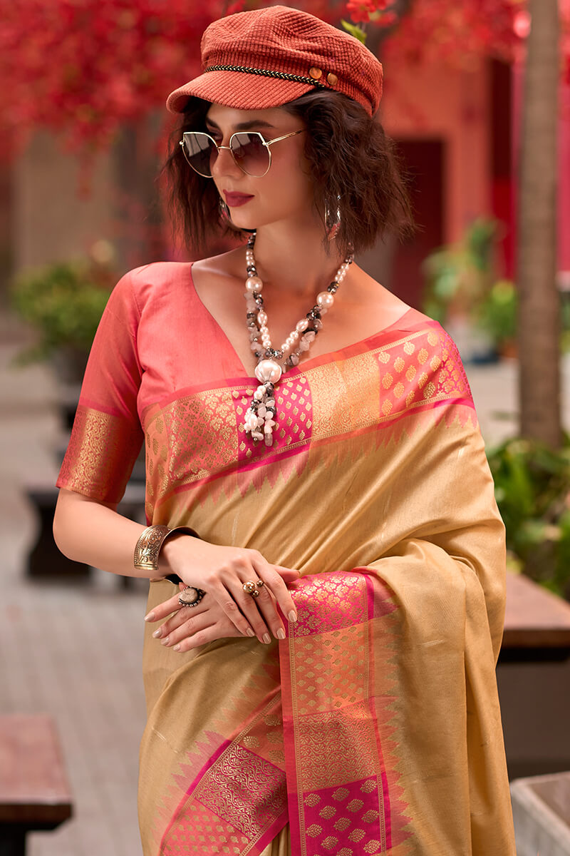 Smart Beige Soft Banarasi Silk Saree With Ethnic Blouse Piece