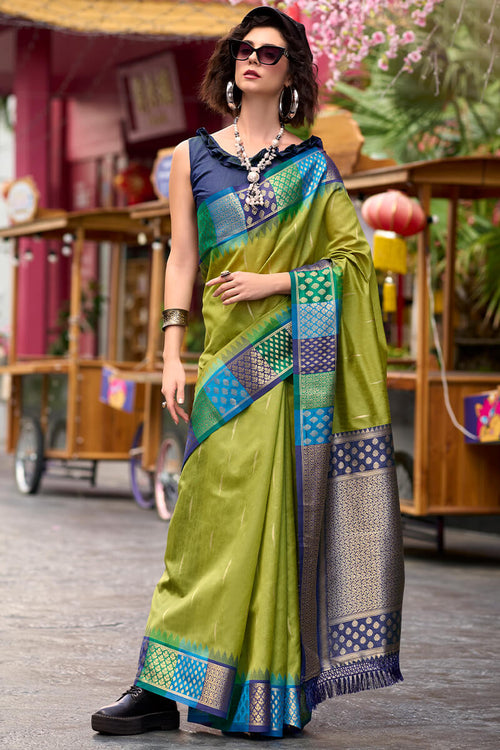 Load image into Gallery viewer, Exceptional Mehndi Soft Banarasi Silk Saree With Mesmeric Blouse Piece
