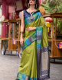 Exceptional Mehndi Soft Banarasi Silk Saree With Mesmeric Blouse Piece