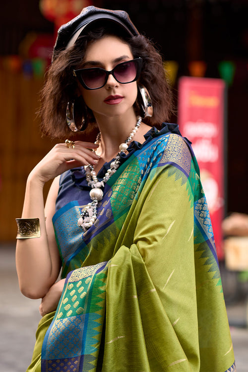 Load image into Gallery viewer, Exceptional Mehndi Soft Banarasi Silk Saree With Mesmeric Blouse Piece
