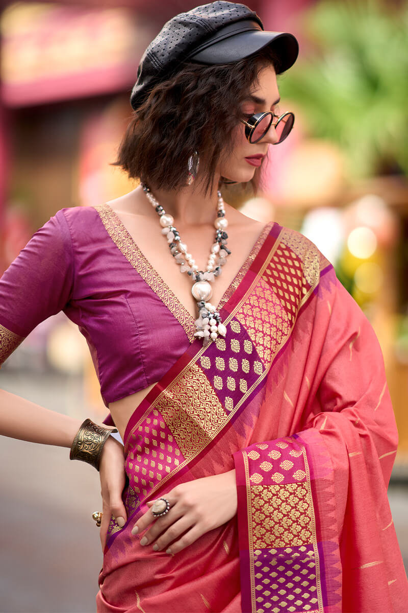 Flameboyant Pink Soft Banarasi Silk Saree With Inspiring Blouse Piece