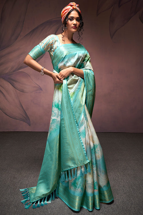 Load image into Gallery viewer, Energetic Firozi Digital Printed Soft Silk Saree With Flaunt Blouse Piece
