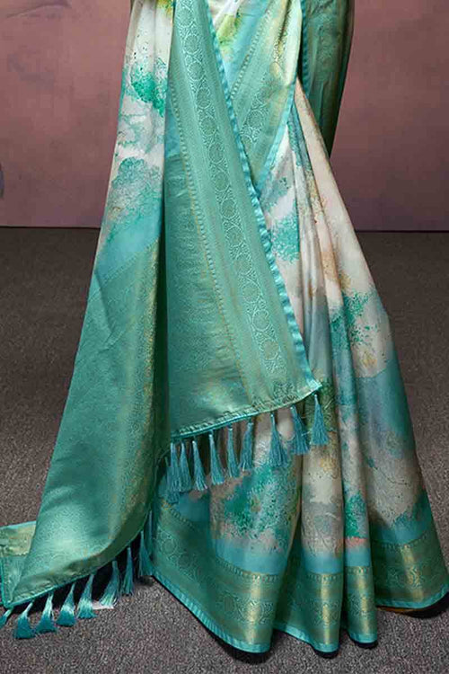 Load image into Gallery viewer, Energetic Firozi Digital Printed Soft Silk Saree With Flaunt Blouse Piece
