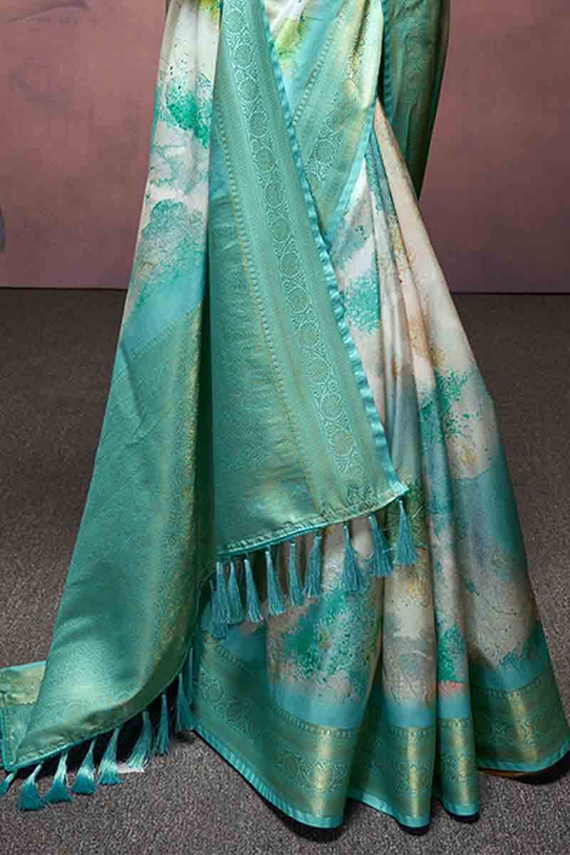 Energetic Firozi Digital Printed Soft Silk Saree With Flaunt Blouse Piece