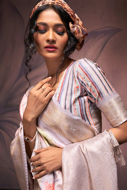 Majesty Grey Digital Printed Soft Silk Saree With Fancifull Blouse Piece