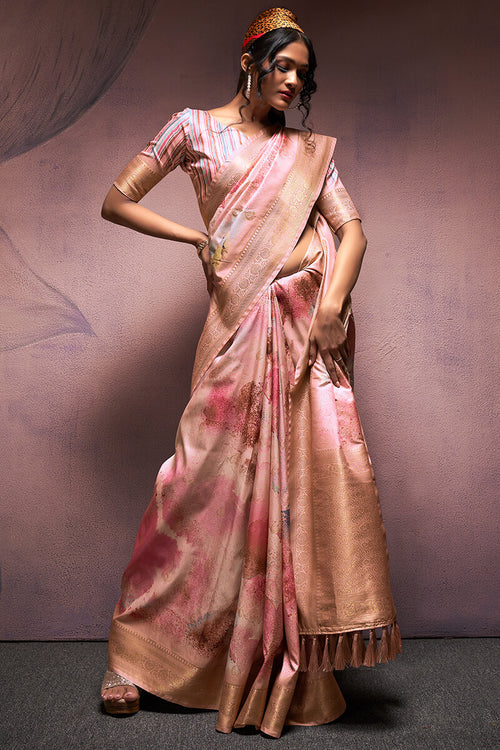 Load image into Gallery viewer, Petrichor Baby Pink Digital Printed Soft Silk Saree With Serendipity Blouse Piece
