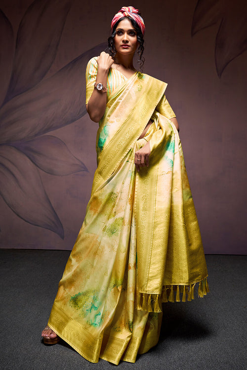 Load image into Gallery viewer, Smashing Mustard Digital Printed Soft Silk Saree With Snappy Blouse Piece
