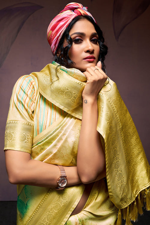 Load image into Gallery viewer, Smashing Mustard Digital Printed Soft Silk Saree With Snappy Blouse Piece
