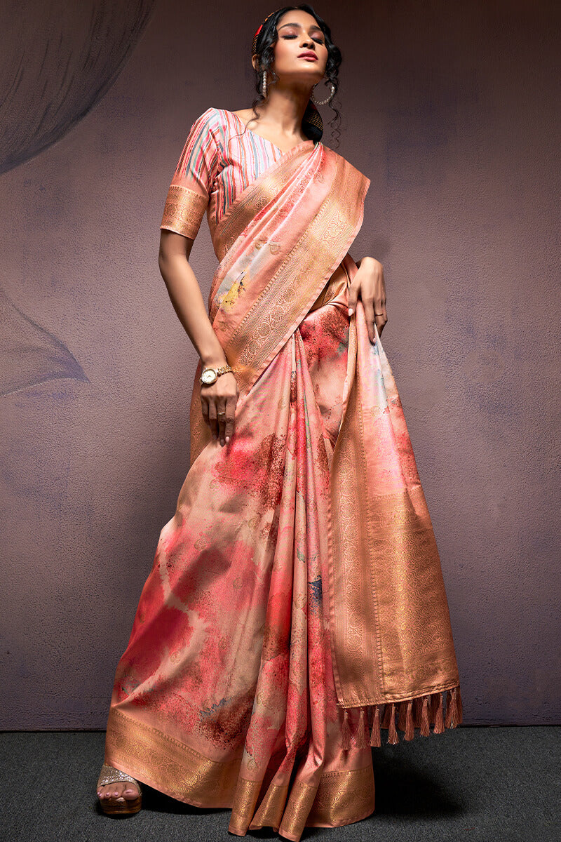 Cynosure Peach Digital Printed Soft Silk Saree With Panache Blouse Piece