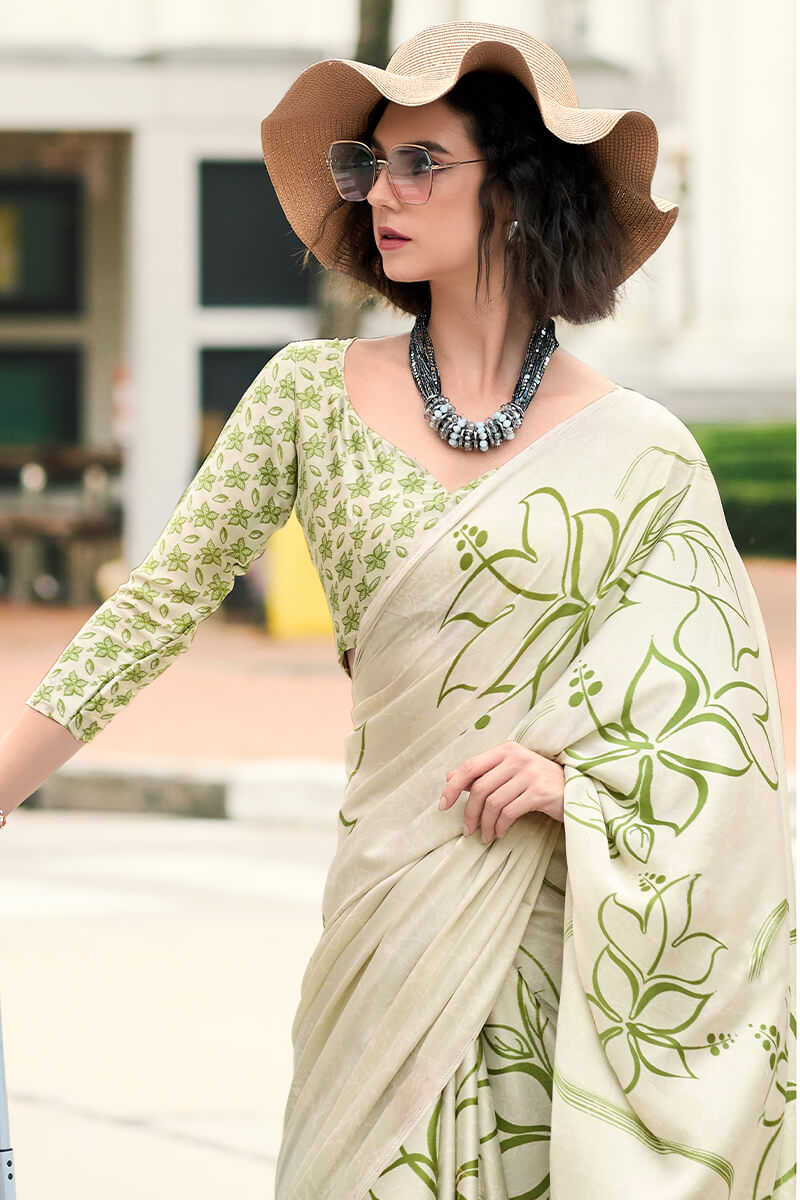 Trendy Beige Digital Printed Satin Silk Saree With Stunning Blouse Piece