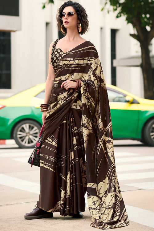 Load image into Gallery viewer, Marvellous Brown Digital Printed Satin Silk Saree With Innovative Blouse Piece
