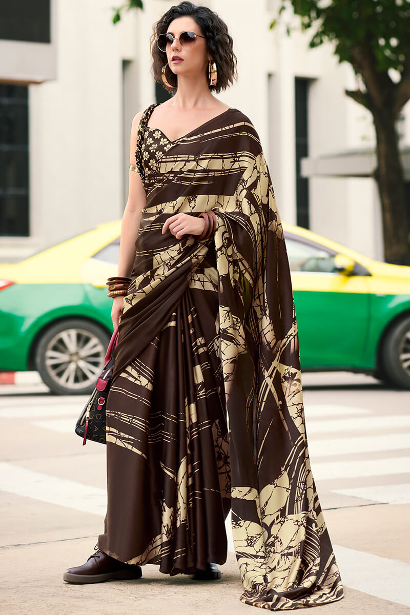 Marvellous Brown Digital Printed Satin Silk Saree With Innovative Blouse Piece